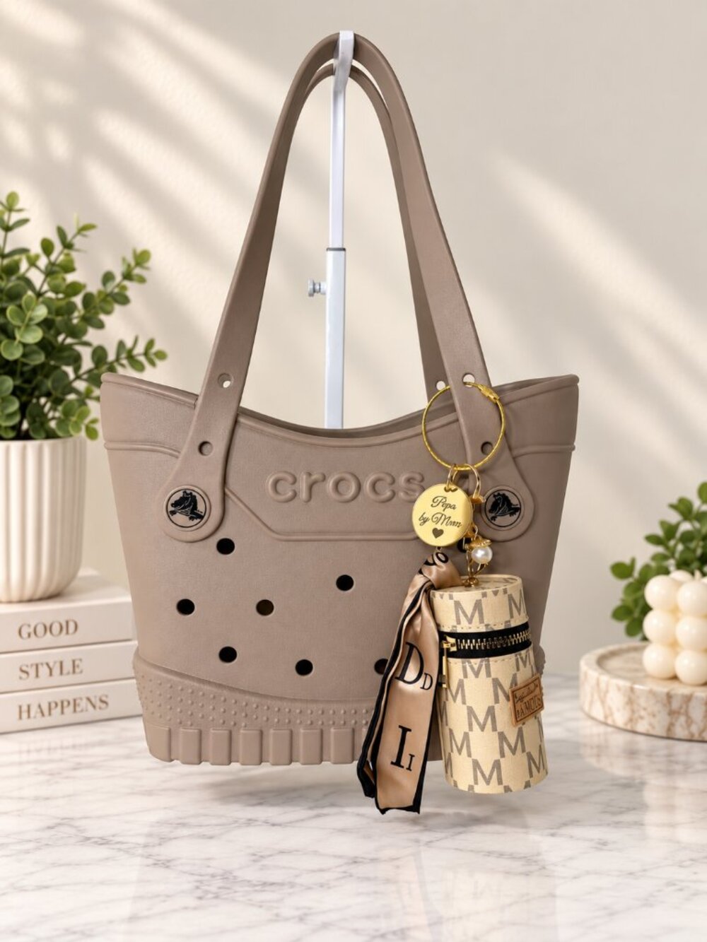 Crocs Classic Tote Bag Taupe with Handmade Pepa by Murr Bag Charm